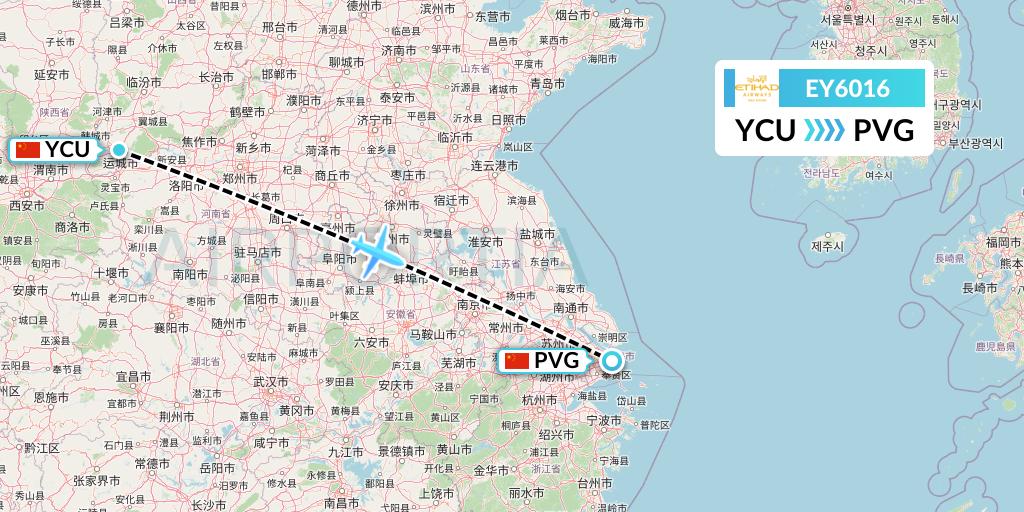 EY6016 Etihad Airways Flight Map: Yuncheng to Shanghai