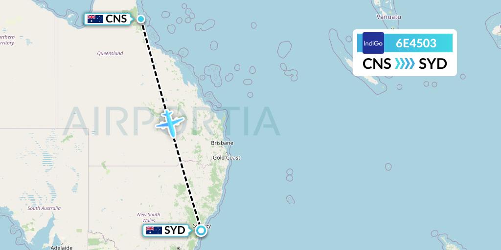 6E4503 IndiGo Airlines Flight Map: Cairns to Sydney