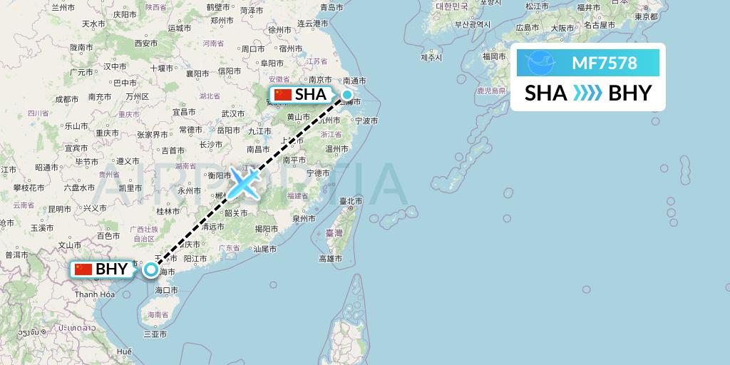 MF7578 Xiamen Airlines Flight Map: Shanghai to Beihai