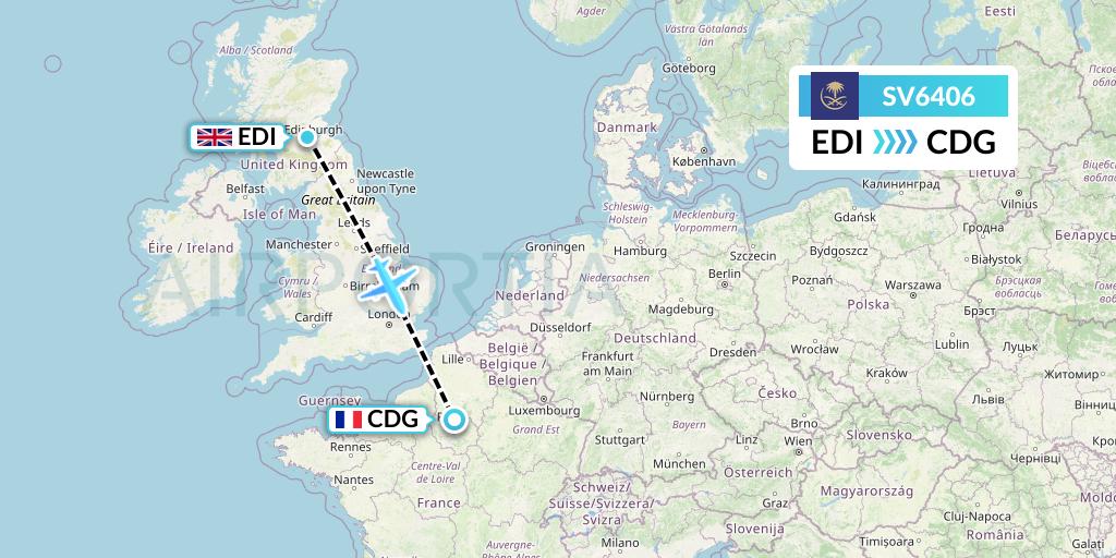 SV6406 Saudi Arabian Airlines Flight Map: Edinburgh to Paris