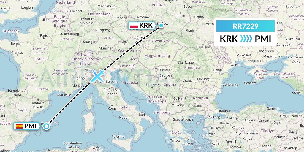 RR7229 Royal Air Force Flight Map: Krakow to Palma de Mallorca