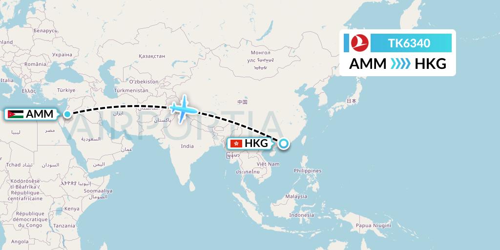 TK6340 Turkish Airlines Flight Map: Amman to Hong Kong