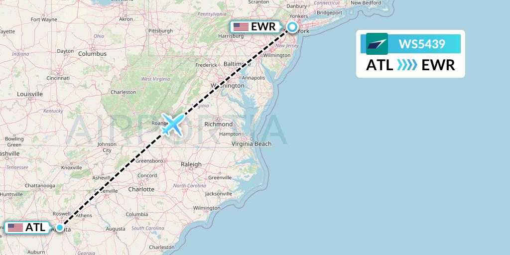 WS5439 WestJet Flight Map: Atlanta to New York