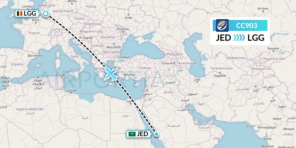CC903 CM Airlines Flight Map: Jeddah to Liege