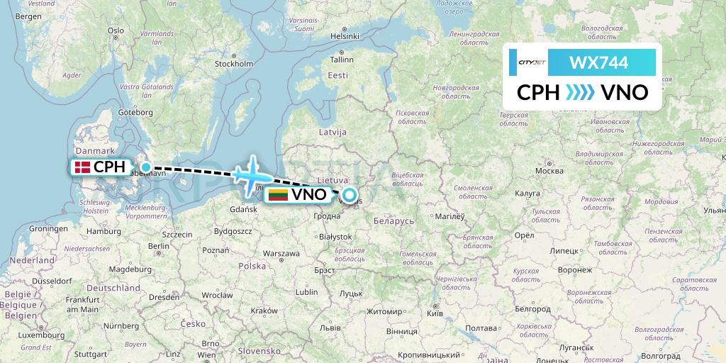 WX744 Cityjet Flight Map: Copenhagen to Vilnius