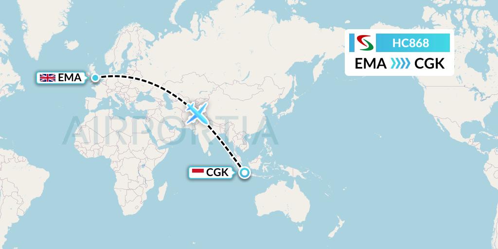 HC868 Air Senegal Flight Map: East Midlands to Jakarta