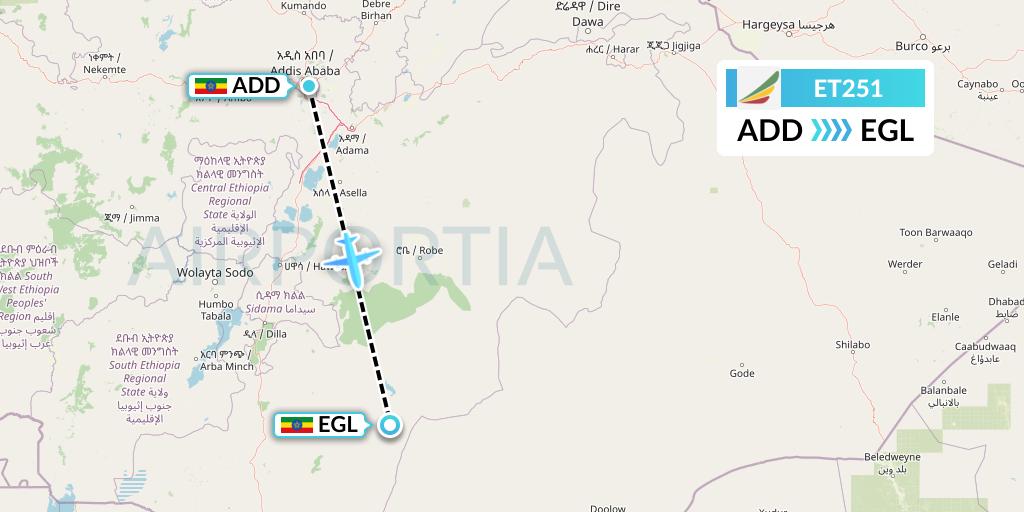 ET251 Ethiopian Airlines Flight Map: Addis Ababa to Neghelli