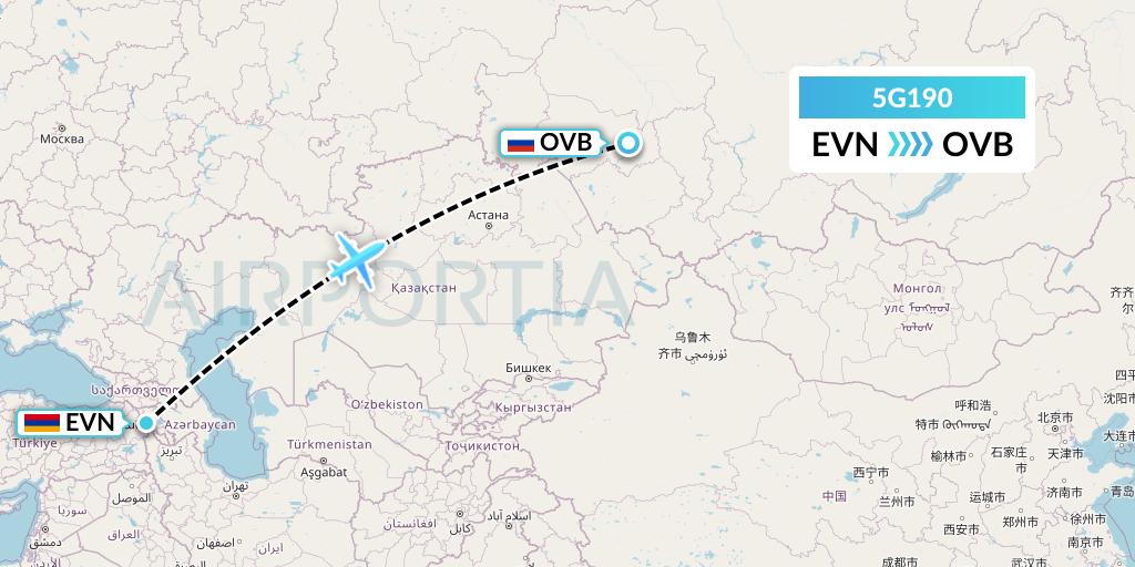5G190 Shirak Avia Flight Map: Yerevan to Novosibirsk