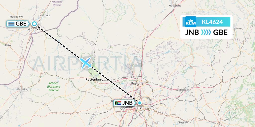 KL4624 KLM Flight Map: Johannesburg to Gaborone