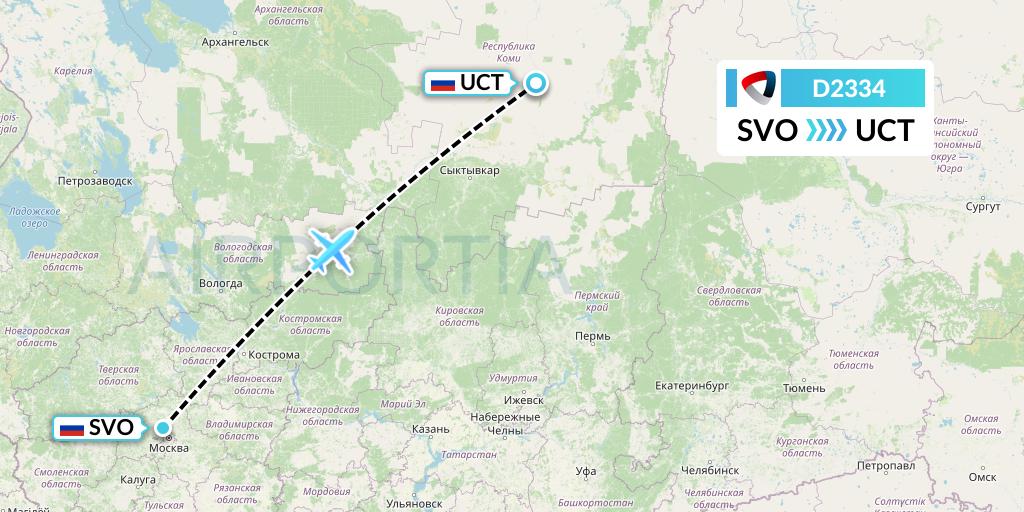 D2334 Severstal Aircompany Flight Map: Moscow to Ukhta