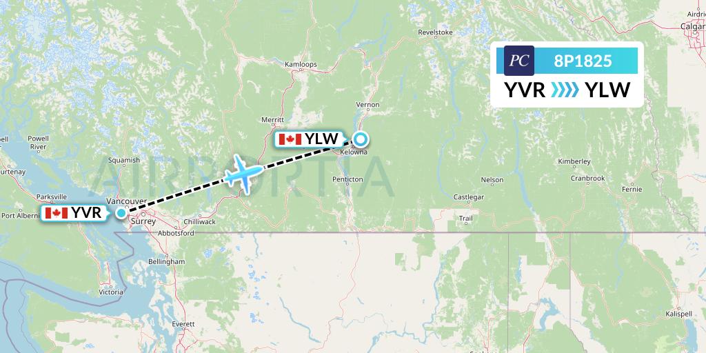8P1825 Pacific Coastal Airlines Flight Map: Vancouver to Kelowna
