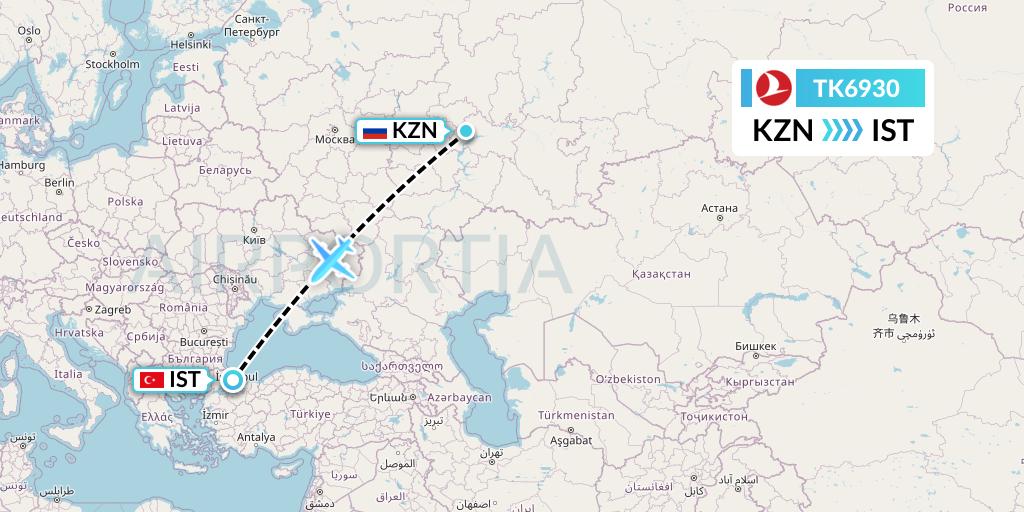 TK6930 Turkish Airlines Flight Map: Kazan to Istanbul
