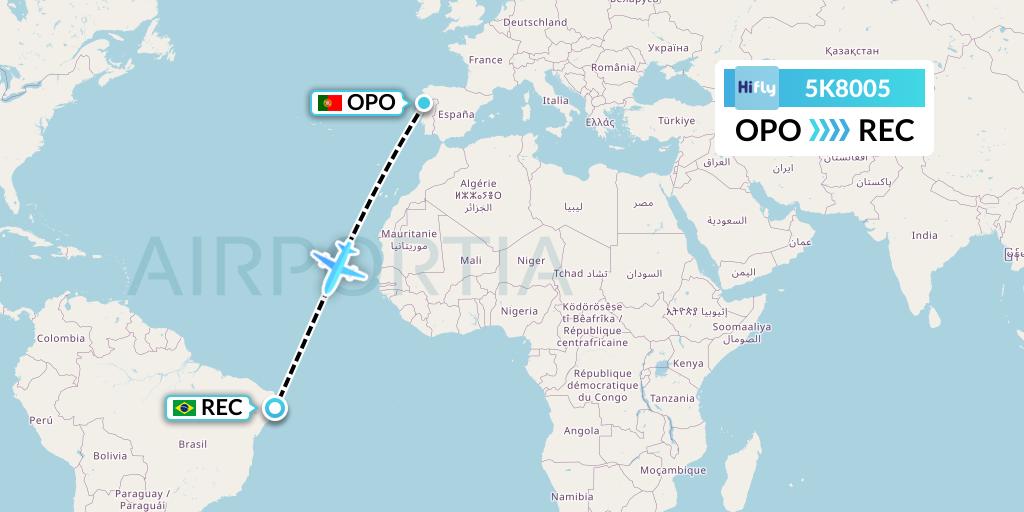 5K8005 Hi Fly Flight Map: Porto to Recife