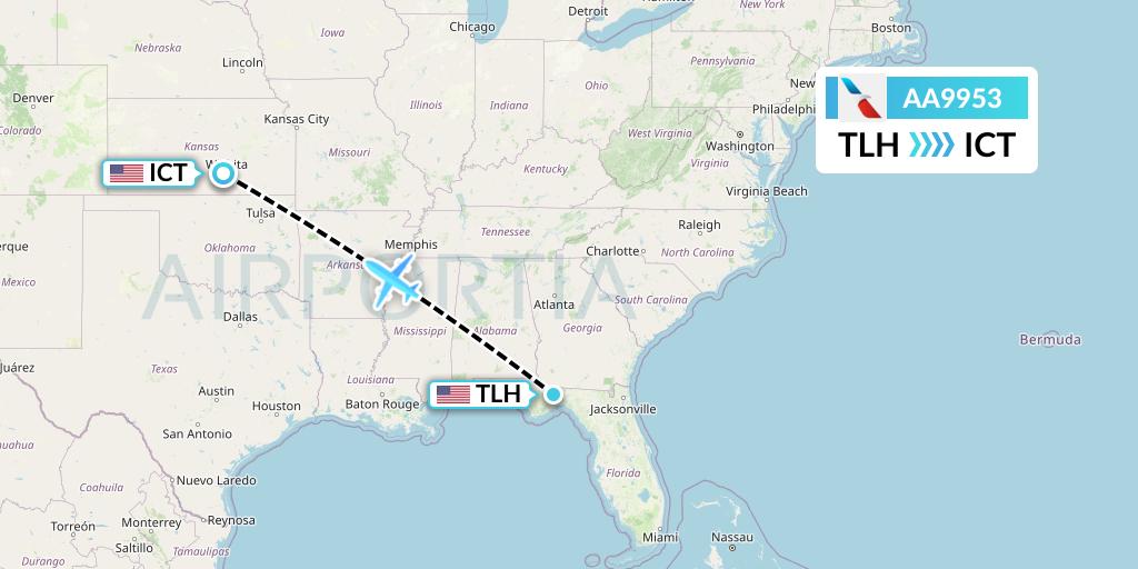 AA9953 American Airlines Flight Map: Tallahassee to Wichita