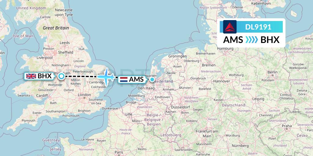 DL9191 Delta Air Lines Flight Map: Amsterdam to Birmingham