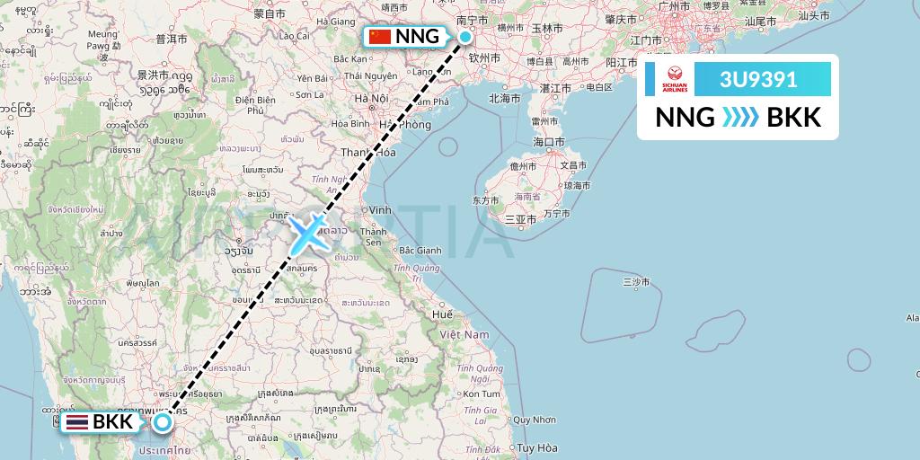 3U9391 Sichuan Airlines Flight Map: Nanning to Bangkok