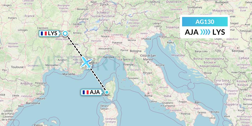 AG130 Aruba Airlines Flight Map: Ajaccio to Lyon