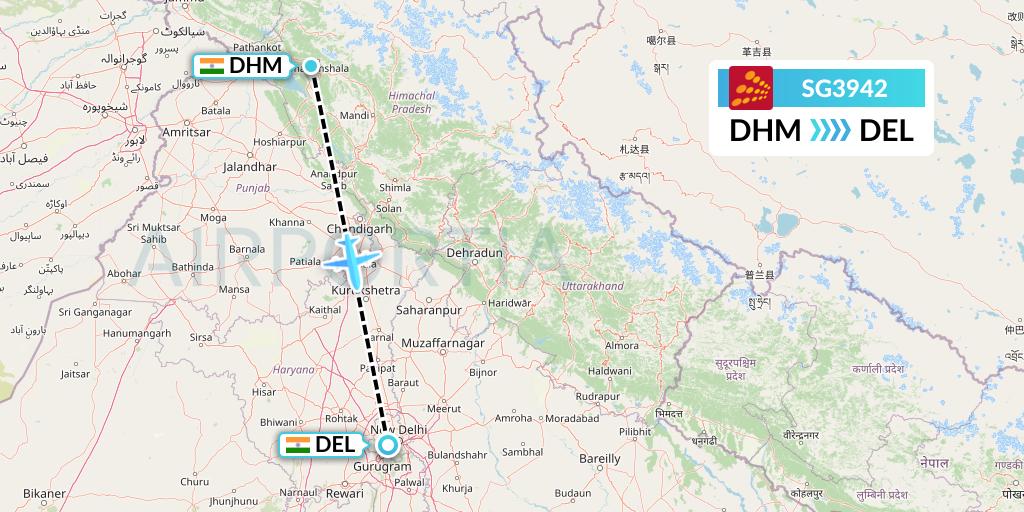 SG3942 SpiceJet Flight Map: Dharamsala to Delhi
