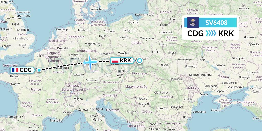 SV6408 Saudi Arabian Airlines Flight Map: Paris to Krakow