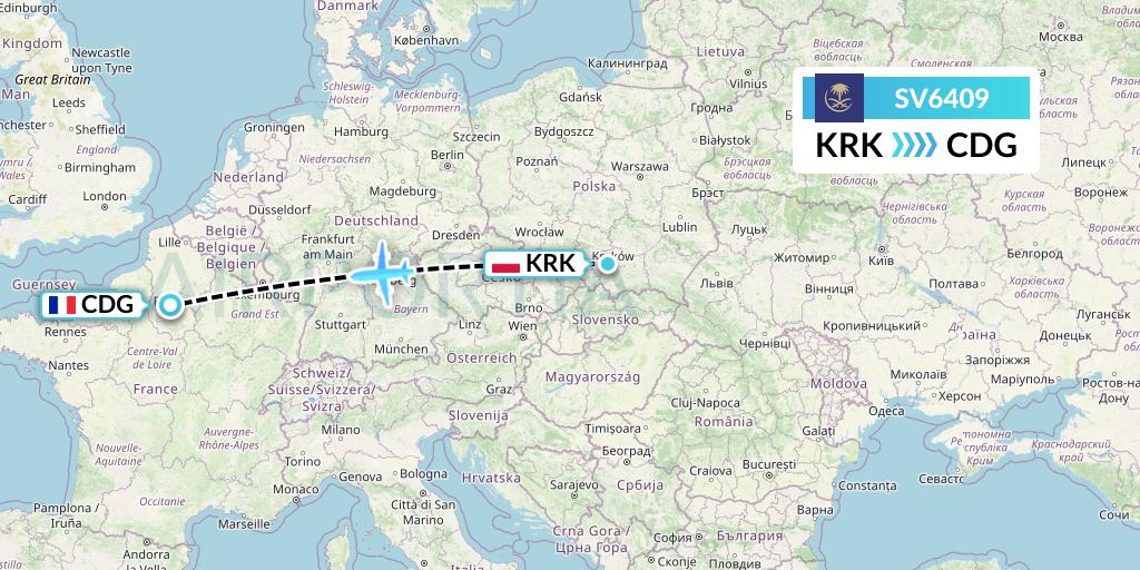 SV6409 Saudi Arabian Airlines Flight Map: Krakow to Paris
