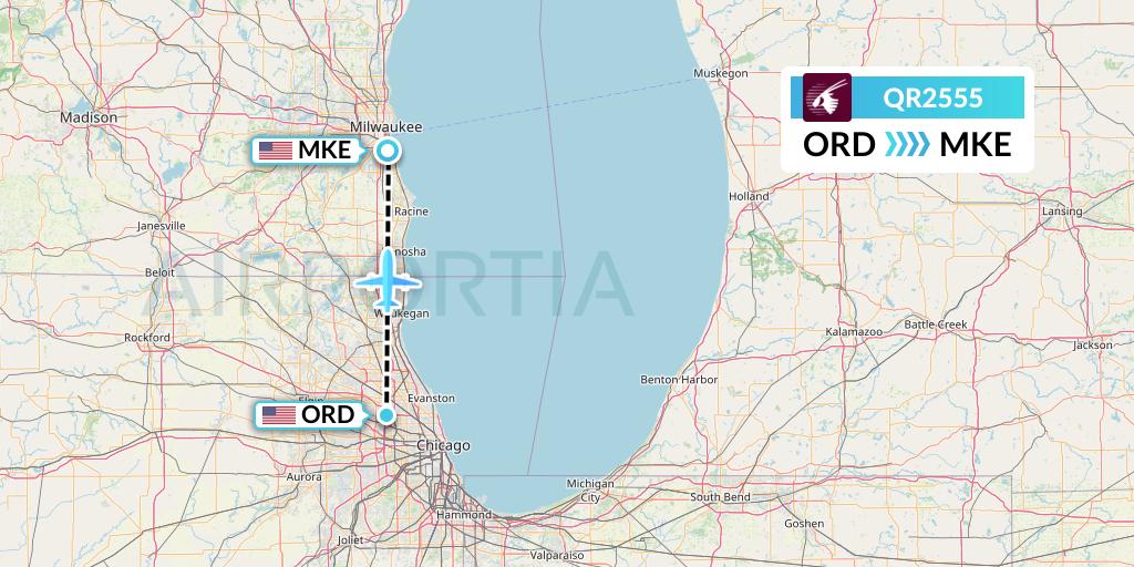 QR2555 Qatar Airways Flight Map: Chicago to Milwaukee