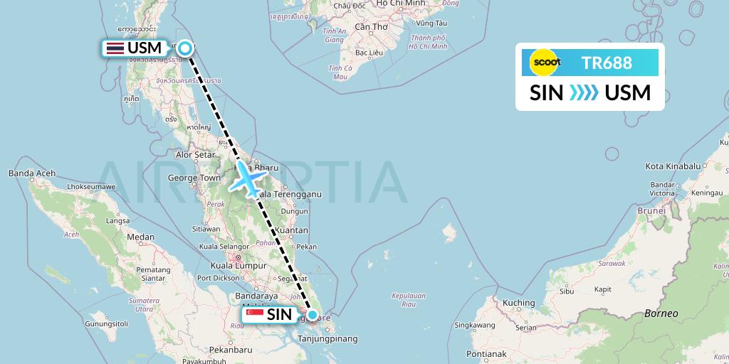 TR688 Tigerair Flight Map: Singapore to Koh Samui
