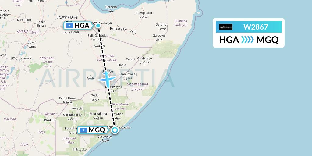 W2867 Flex Flight Flight Map: Hargeisa to Mogadishu
