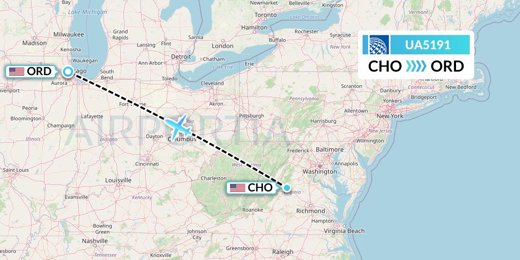 UA5191 United Airlines Flight Map: Charlottesville to Chicago