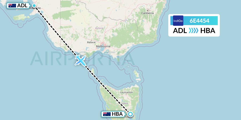 6E4454 IndiGo Airlines Flight Map: Adelaide to Hobart