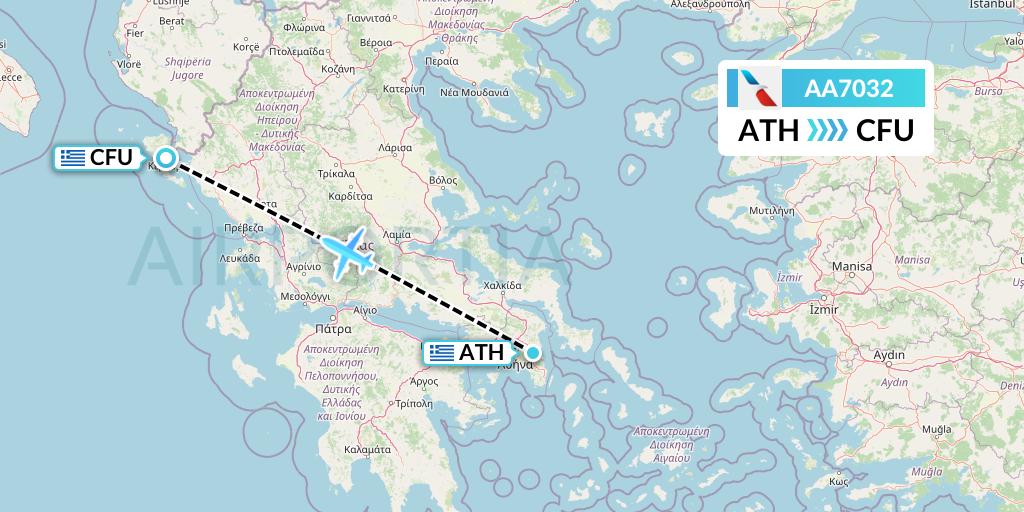 AA7032 American Airlines Flight Map: Athens to Corfu