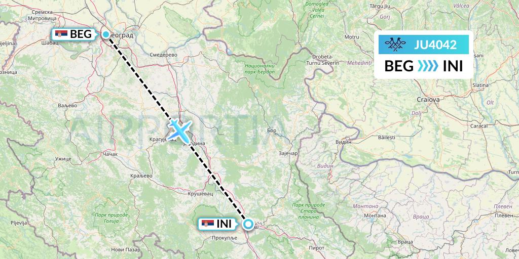 JU4042 AirSERBIA Flight Map: Belgrade to Nis