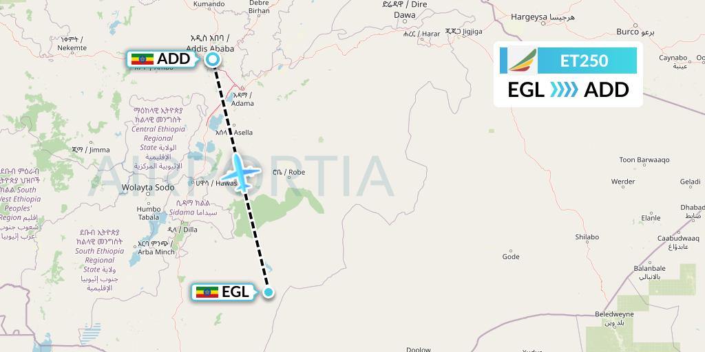 ET250 Ethiopian Airlines Flight Map: Neghelli to Addis Ababa
