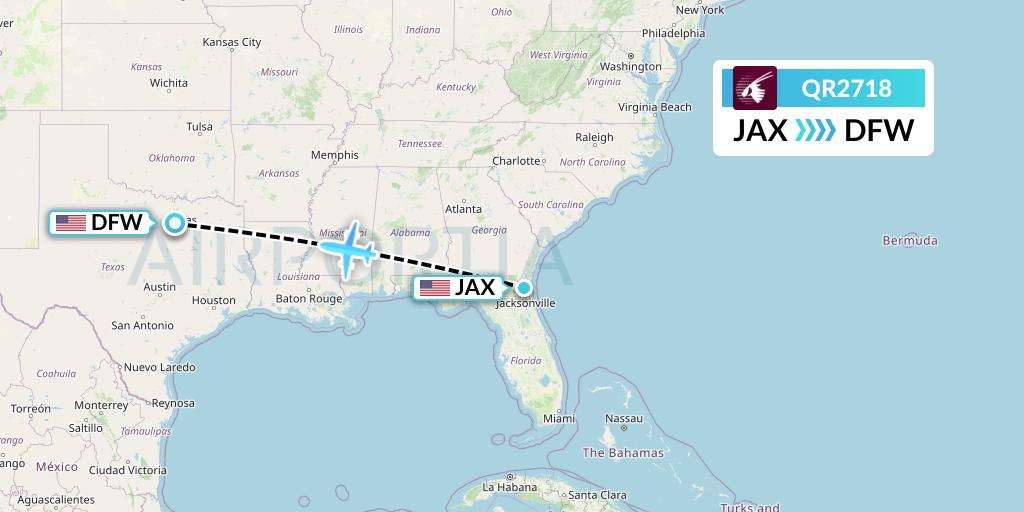 QR2718 Qatar Airways Flight Map: Jacksonville to Dallas