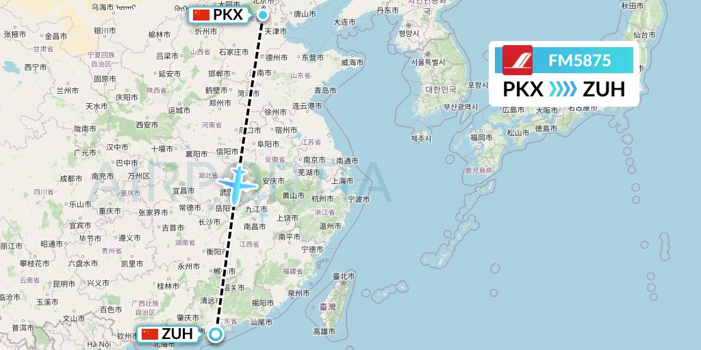 FM5875 Shanghai Airlines Flight Map: Beijing to Zhuhai