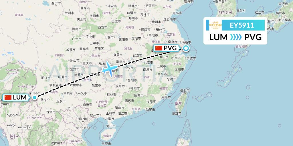 EY5911 Etihad Airways Flight Map: Mangshi to Shanghai
