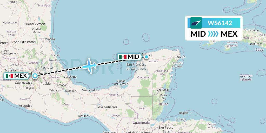 WS6142 WestJet Flight Map: Merida to Mexico City