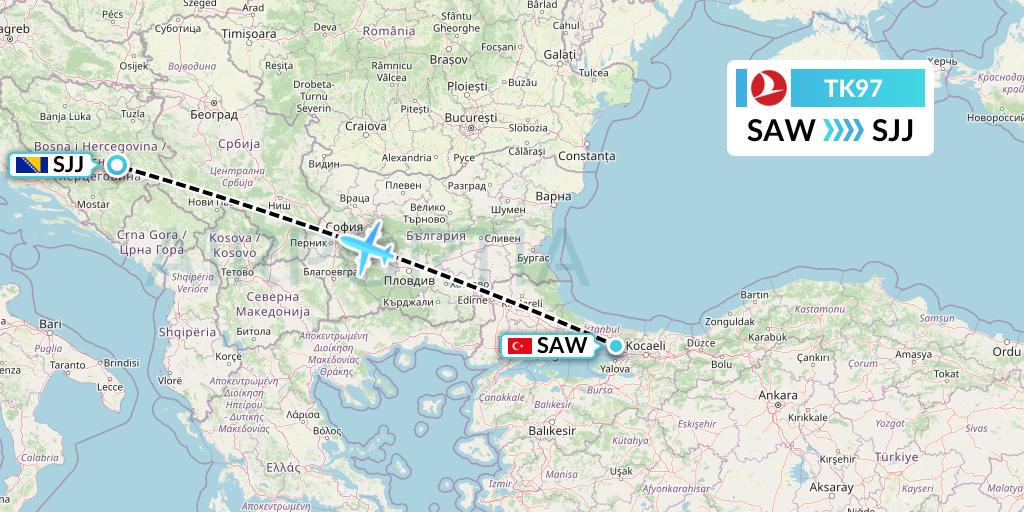 TK97 Turkish Airlines Flight Map: Istanbul to Sarajevo
