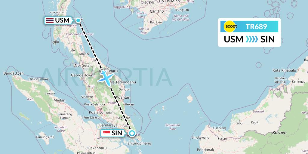TR689 Tigerair Flight Map: Koh Samui to Singapore