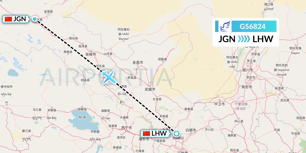 G56824 China Express Airlines Flight Map: Jiayuguan to Lanzhou