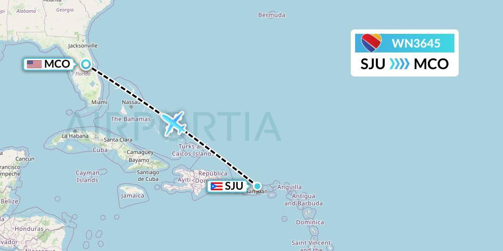 WN3645 Southwest Airlines Flight Map: San Juan to Orlando