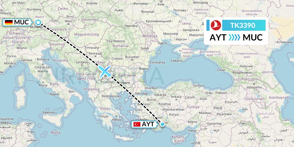 TK3390 Turkish Airlines Flight Map: Antalya to Munich