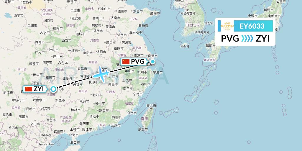EY6033 Etihad Airways Flight Map: Shanghai to Zunyi