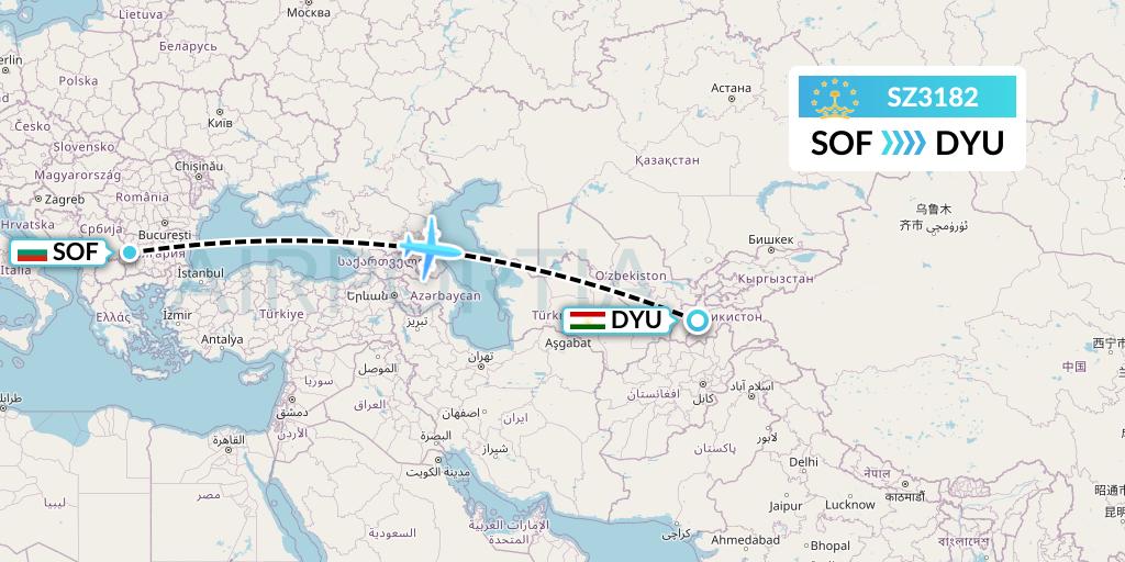 SZ3182 Somon Air Flight Map: Sofia to Dushanbe