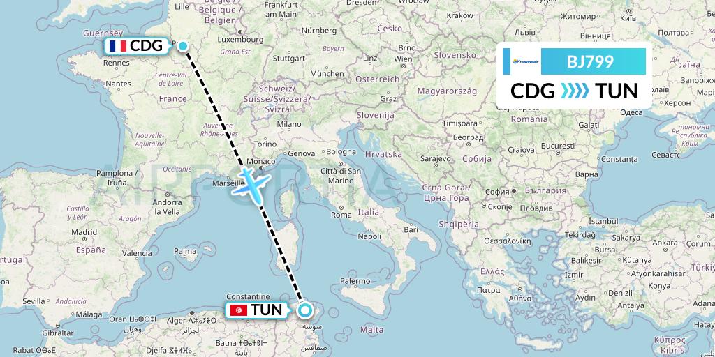 BJ799 Nouvelair Tunisie Flight Map: Paris to Tunis