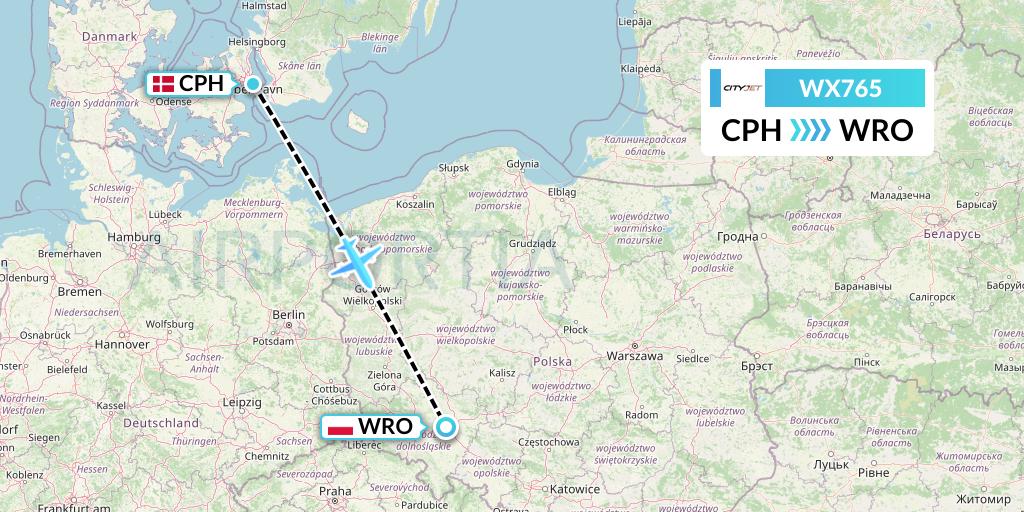 WX765 Cityjet Flight Map: Copenhagen to Wroclaw