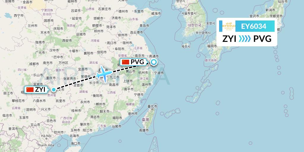 EY6034 Etihad Airways Flight Map: Zunyi to Shanghai