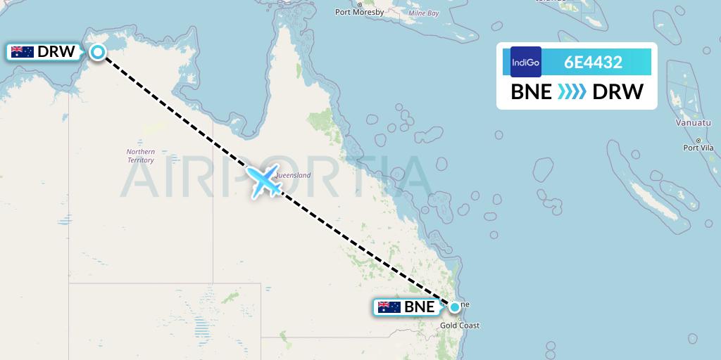 6E4432 IndiGo Airlines Flight Map: Brisbane to Darwin