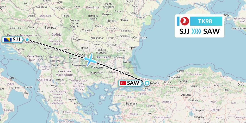 TK98 Turkish Airlines Flight Map: Sarajevo to Istanbul