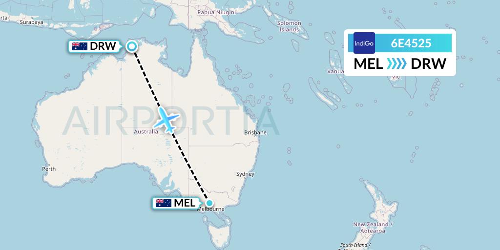 6E4525 IndiGo Airlines Flight Map: Melbourne to Darwin
