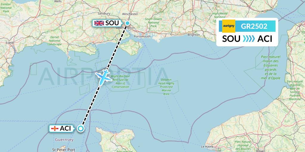 GR2502 Aurigny Air Services Flight Map: Southampton to Alderney